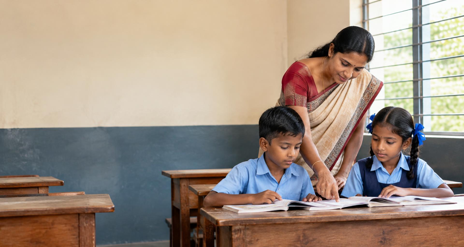 A teacher helping two children read in a village classroom