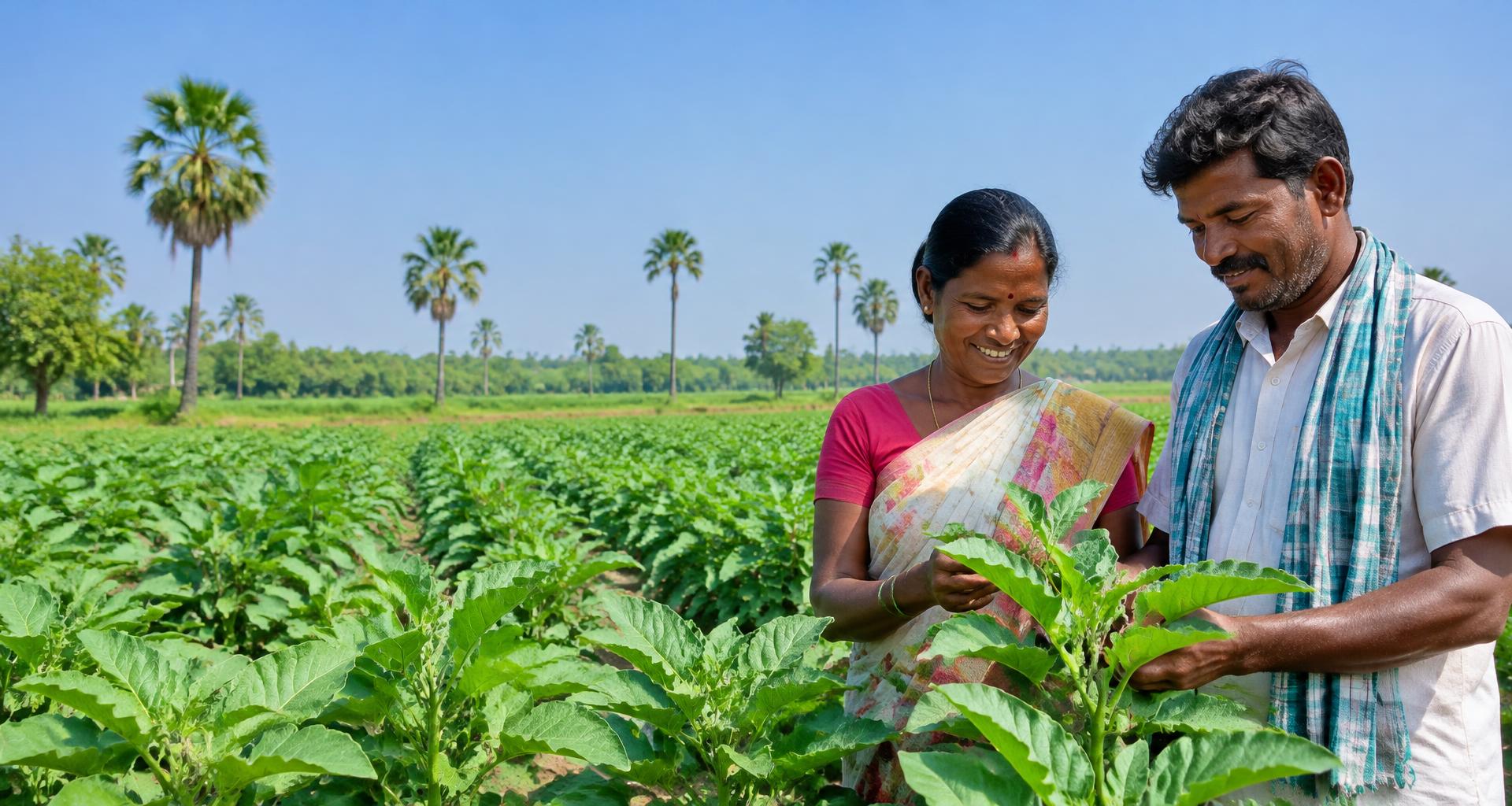 Two farmers inspecting healthy vegetable crops in daylight